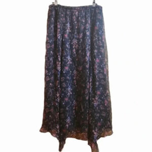Peruvian Connection Dark Black Floral Midi Skirt